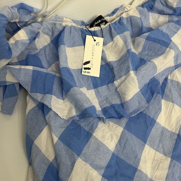 Sugar lips plaid off the shoulder dress size S Color: white and blue - Picture 5 of 9